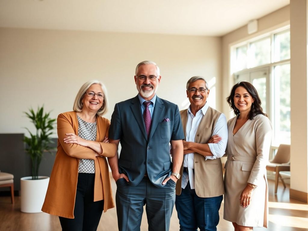 Pastor and ministry staff standing together in a welcoming church lobby
